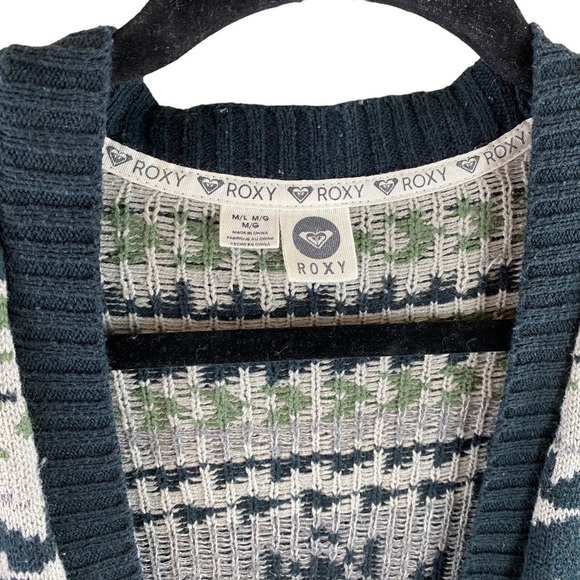 Roxy‎ Blue Green Gray Aztec Tribal Long Line Boyfriend Open Cardigan Size M/L - Picture 4 of 8